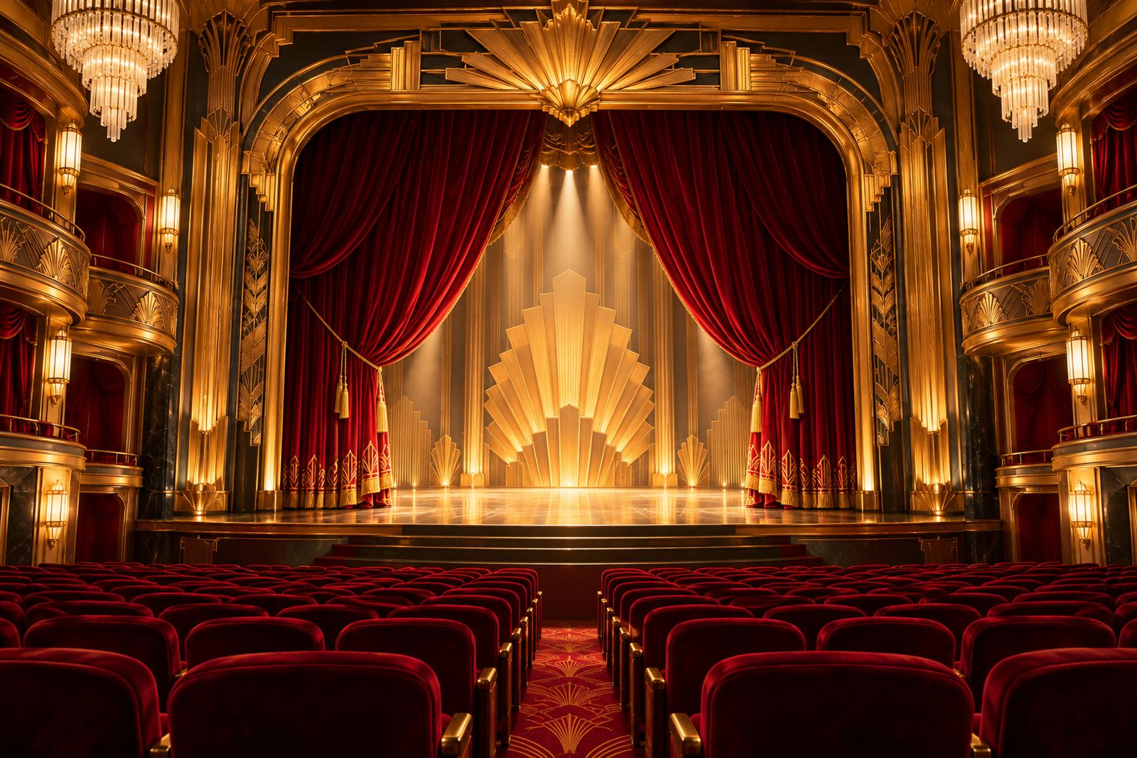 An Art Deco theatre with red velvet curtains open on a glowing gold stage